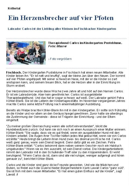 Carlos der Therapiehund Artikel aus der SZ